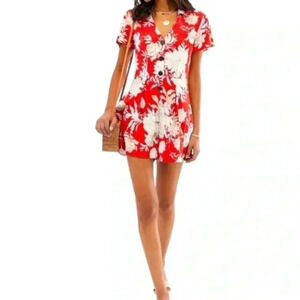 ASOS Red Button Front Tea Playsuit Romper in Floral Tropical Print